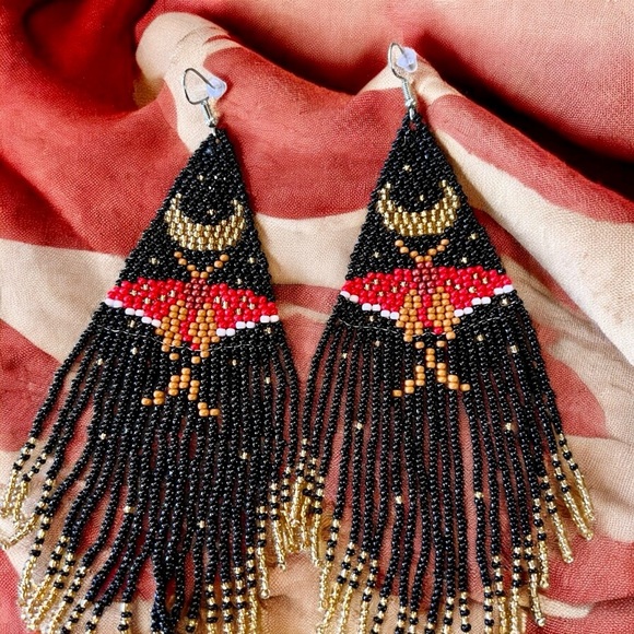 Bold Black Gold Silver Red Handmade Boho Witchy Beaded Earrings w/beaded fringe - Picture 4 of 16